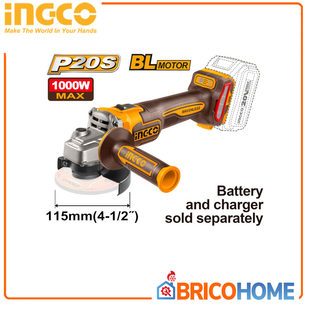 INGCO Smerigliatrice angolare 115mm a batteria 20V 1000W Brushless Solo Corpo