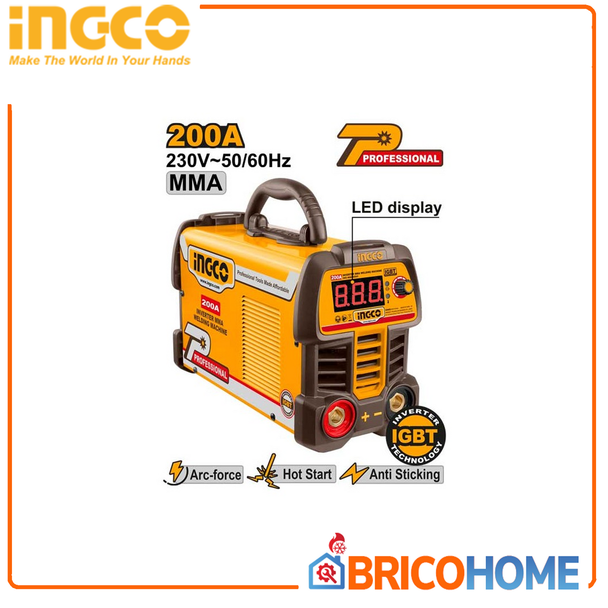 INGCO - Saldatrice Inverter MMA ING-MMA20069E | 200A | IGBT | Display LED | Elettrodi 1,6-4mm | Kit Completo