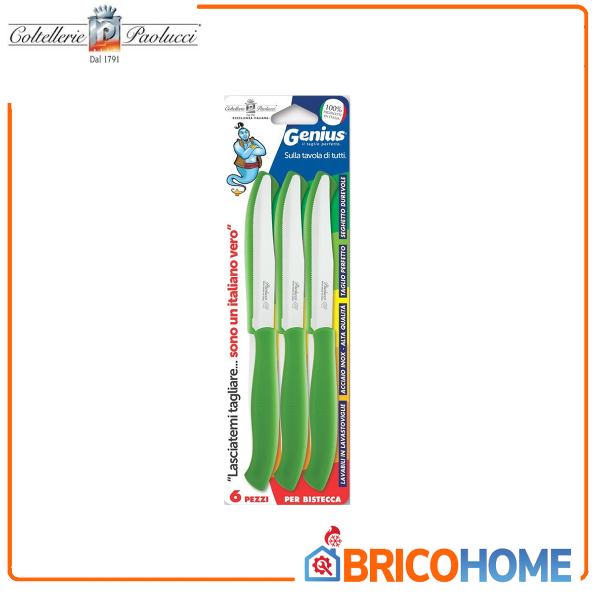 Coltellerie Paolucci Set 6 coltelli per bistecca lama seghettata cm.11 GENIUS