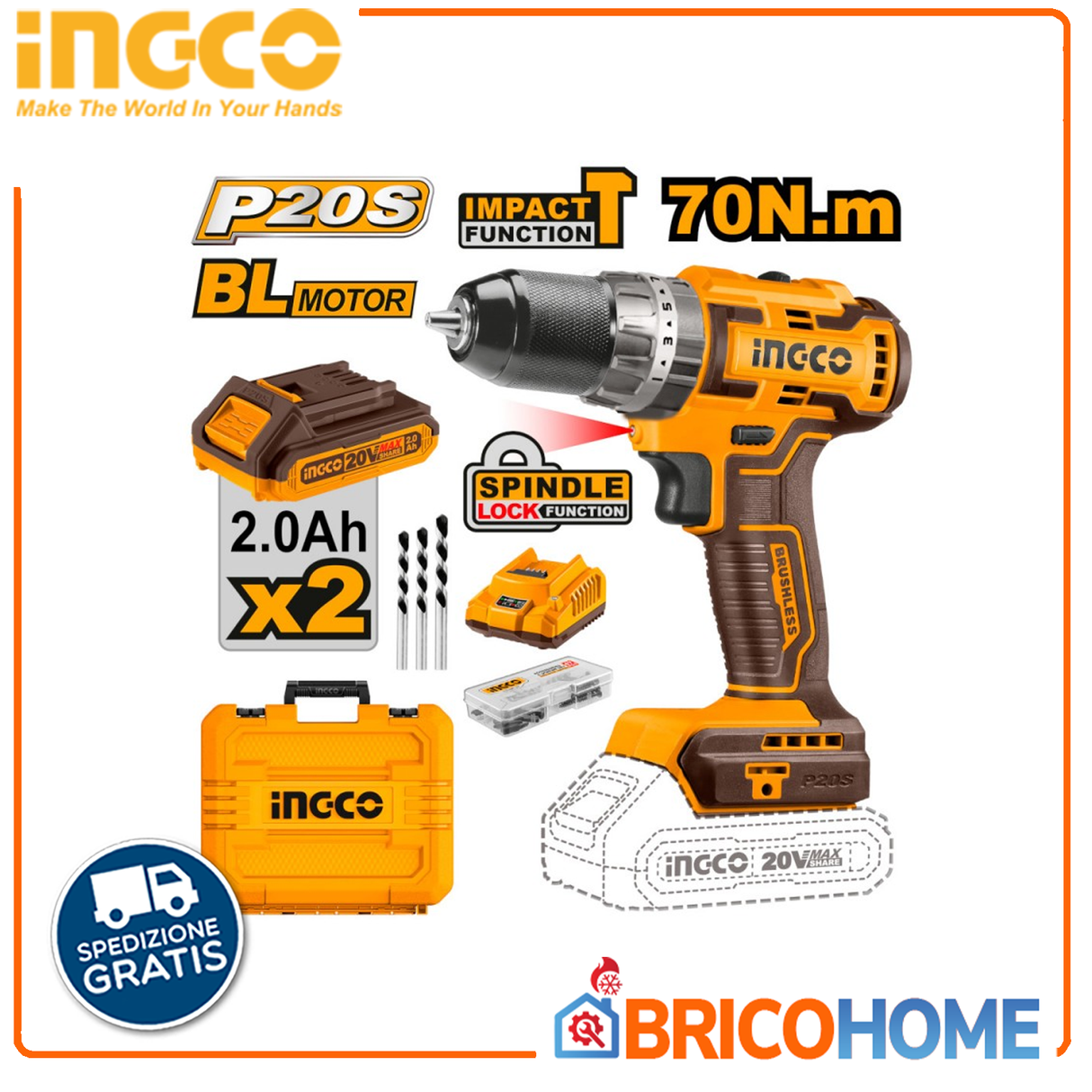 Trapano avvitatore a percussione 70 Nm BRUSHLESS 20V a batteria - INGCO