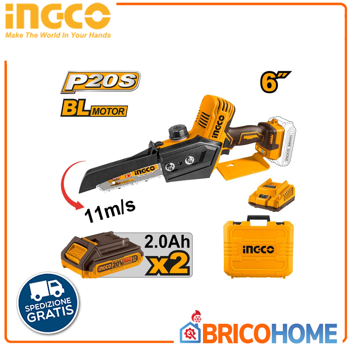INGCO Mini Elettrosega 20V 6'' con 2 batterie da 2Ah caricabatteria e valigetta