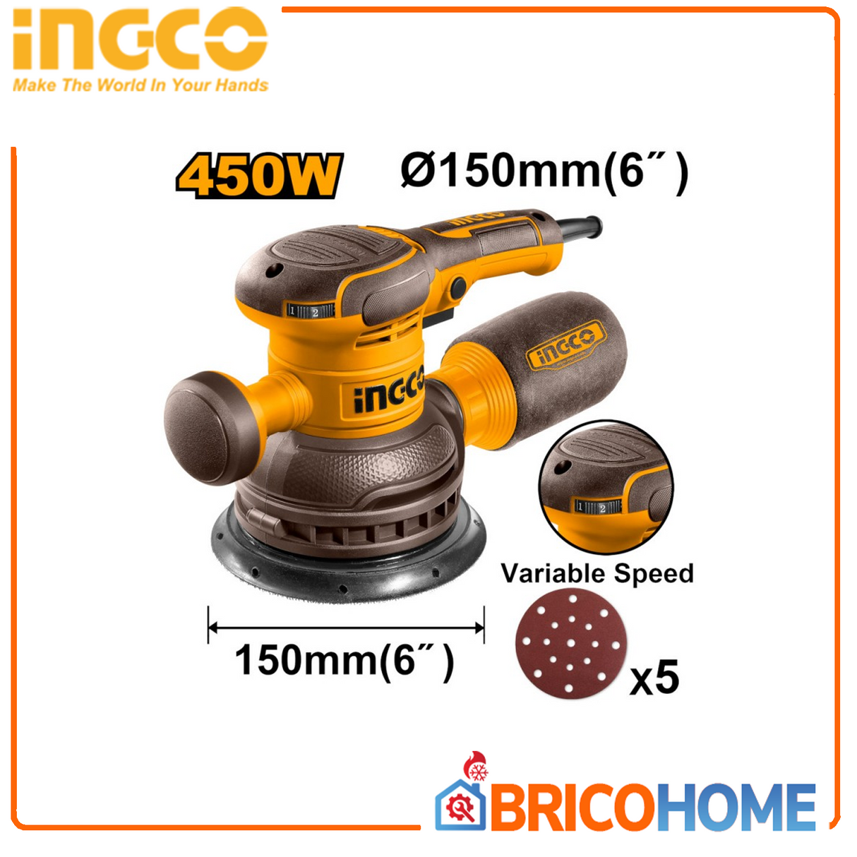 INGCO Levigatrice rotorbitale 450W 150mm con 5 fogli carta abrasiva