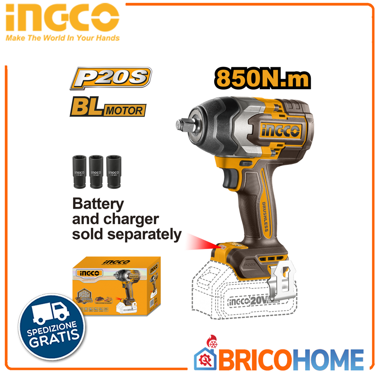 INGCO Avvitatore ad impulsi 1/2'' 850Nm BRUSHLESS nudo ( solo corpo )