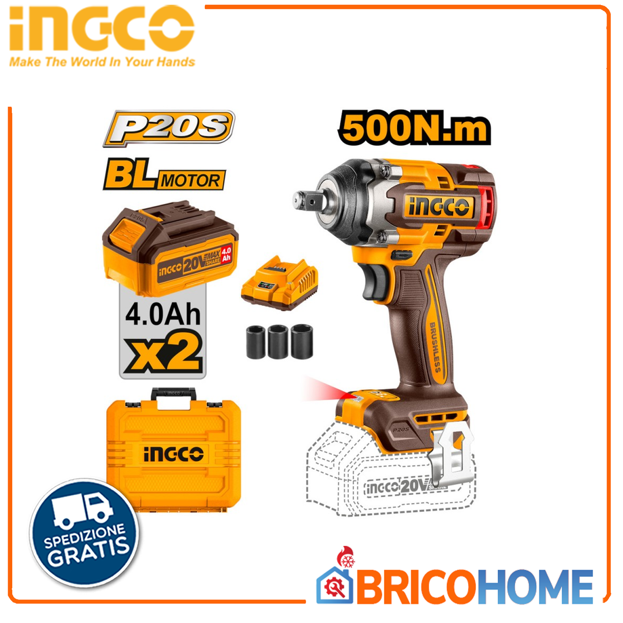 Schlagschrauber 1/2'' 500 Nm mit 2 20V 4Ah Batterien im Koffer - INGCO