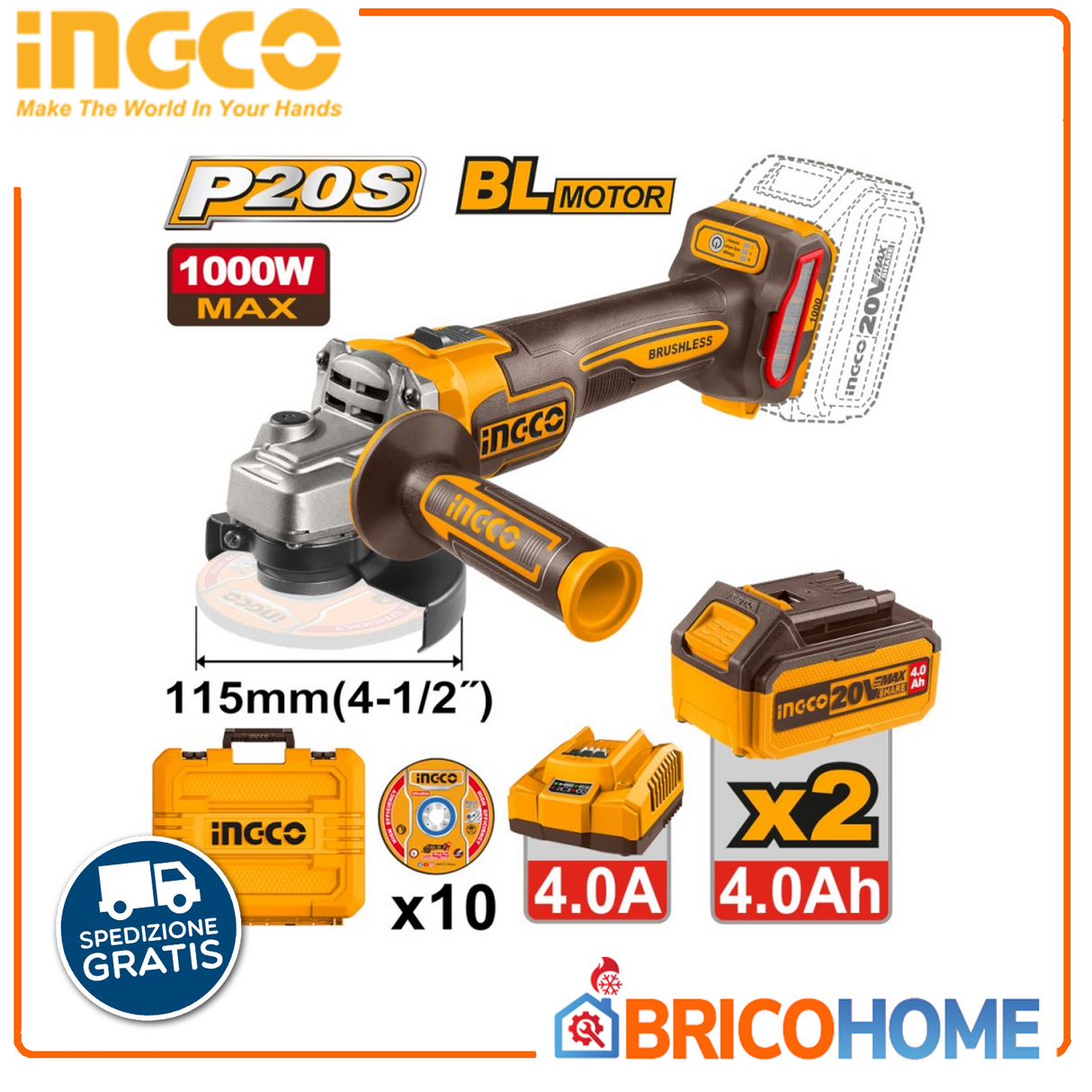 INGCO - Smerigliatrice Angolare Brushless CAGLI271532E | 20V 1000W | 115mm | 3 Velocita' | 2 Batterie 4Ah + 10 Dischi | Valigetta