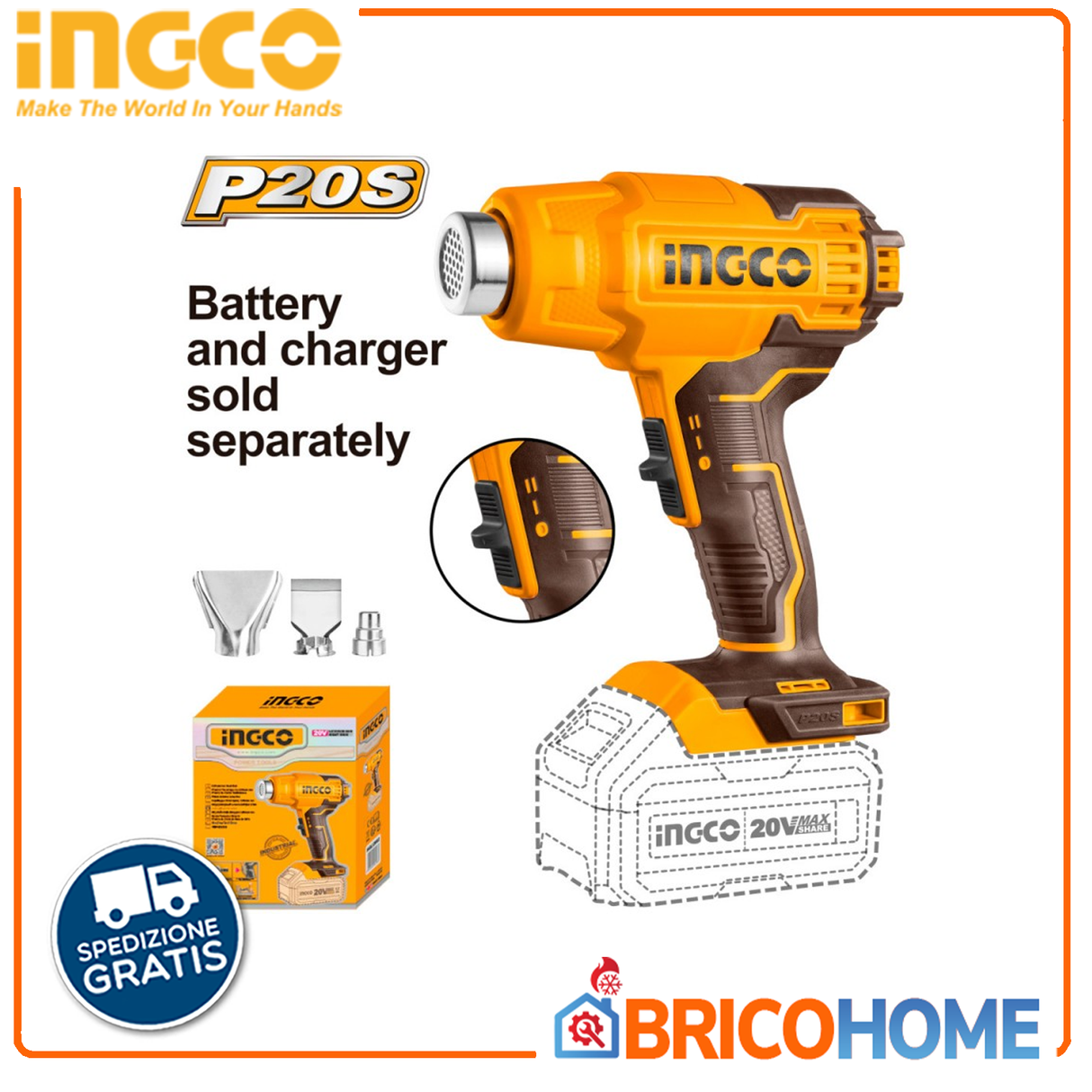 INGCO Termosoffiatore pistola termica a batteria 20V nudo ( solo corpo )