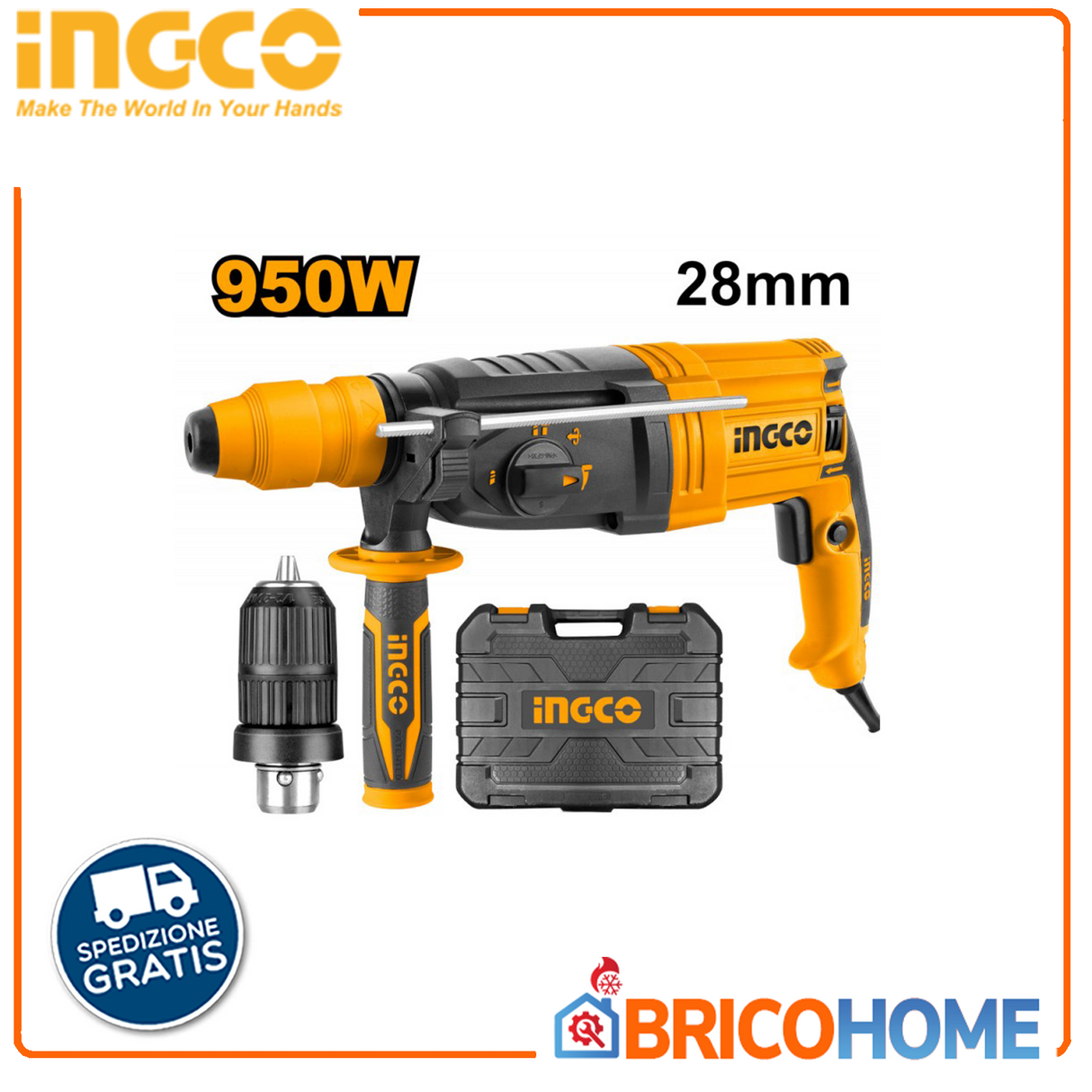 Trapano Tassellatore 950W con doppio mandrino e accessori - INGCO