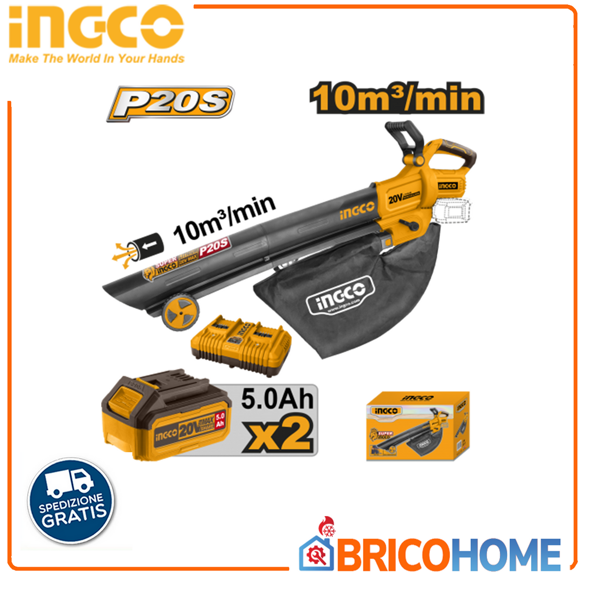 INGCO Soffiatore/Aspiratore 40V con 2 batterie da 5,0Ah