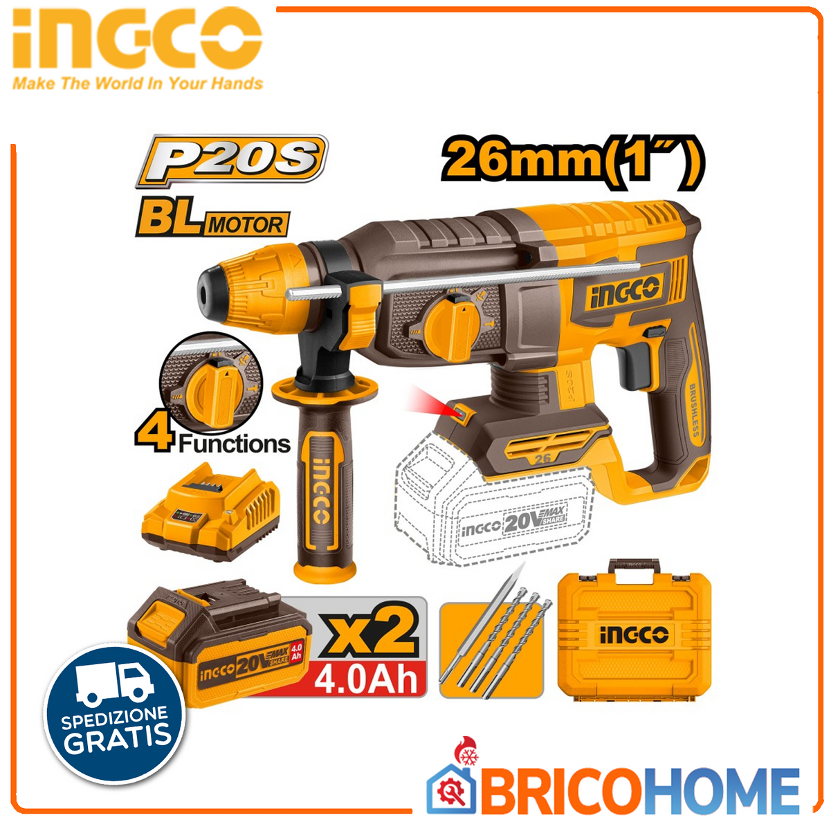 INGCO Martello demolitore 20V BRUSHLESS con 2 batterie da 4Ah e caricabatteria in valigetta
