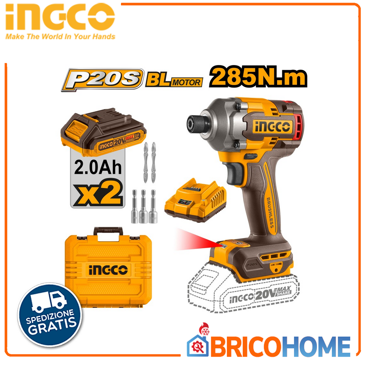 INGCO Avvitatore ad impulsi 285Nm con 2 batterie 20V 2Ah in valigetta