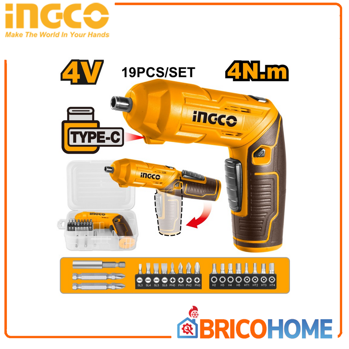 INGCO CSDLI0442 – Avvitatore a Batteria 4V | LED | USB-C | 19 Accessori
