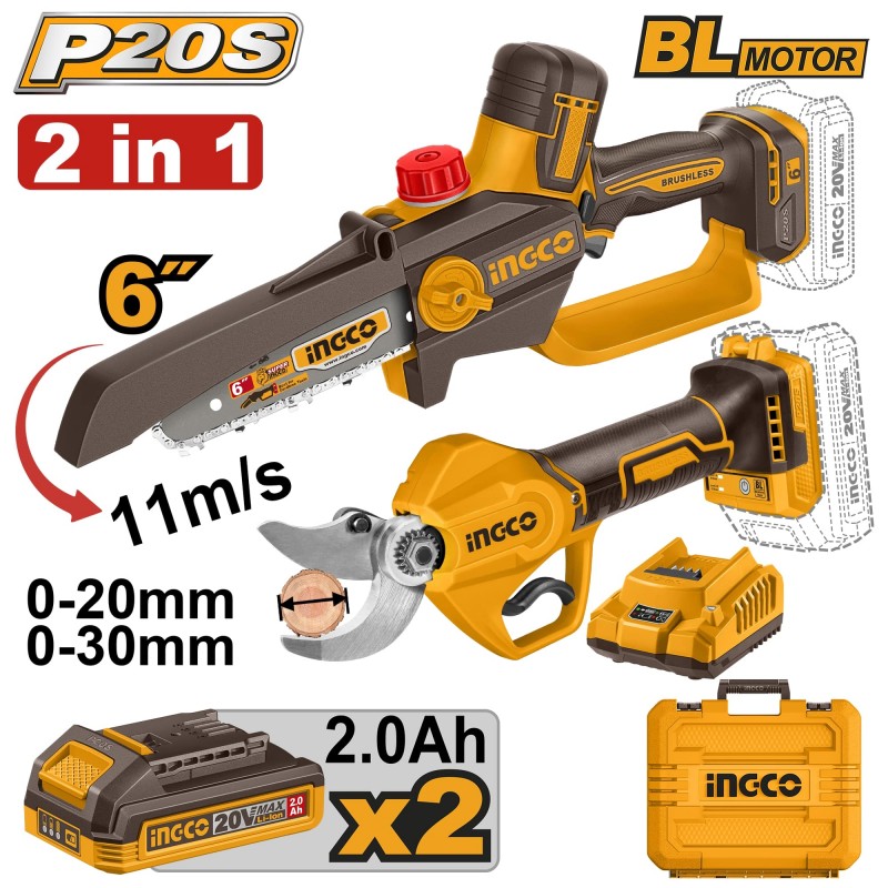 Ingco kit minisega CGSLI2066 + forbici da pota CSSLI20308 con batteria/caricabatteria – COSLI250795E