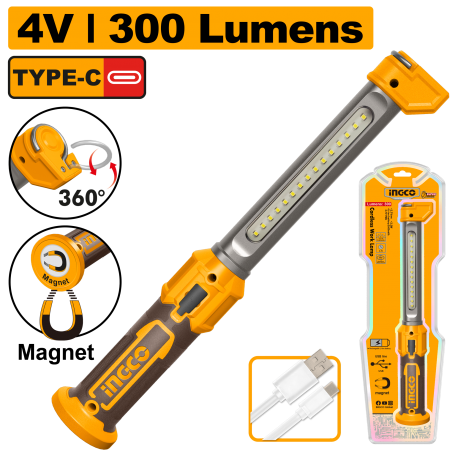 INGCO HWLI043006 lampada da lavoro ricaricabile 300 lumen con base magnetica, gancio 360 gradi e cavo USB-C