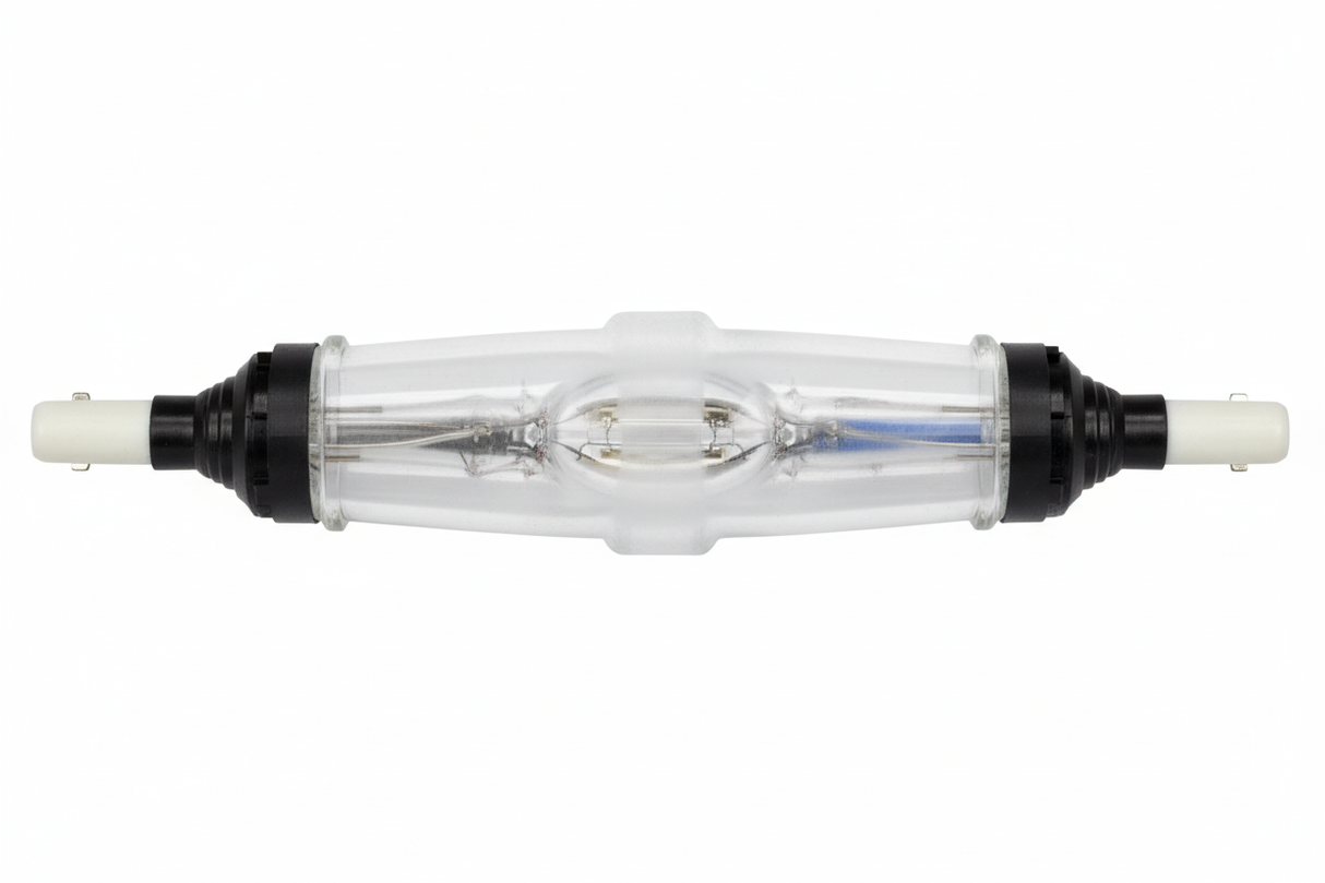 Lampada HID scarica tubo quarzo cappucci ceramica neri sfondo bianco professionale