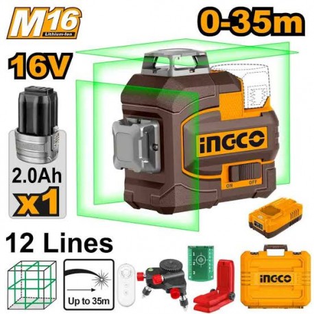 INGCO HLL301201E livella laser 12 linee raggio verde 0-35m con batteria 16V 2Ah, supporto magnetico, telecomando e valigetta