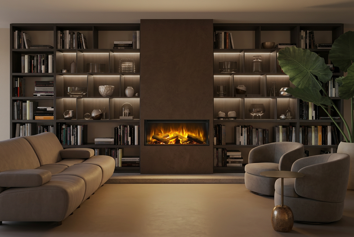 LUMEN 870 in soggiorno con librerie illuminate