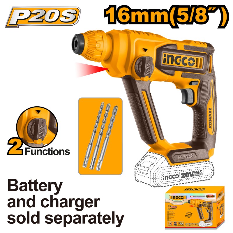INGCO - Martello Demolitore a Batteria 16mm CRHLI20168 | 20V P20S | SDS Plus | 1,5J | Solo Corpo