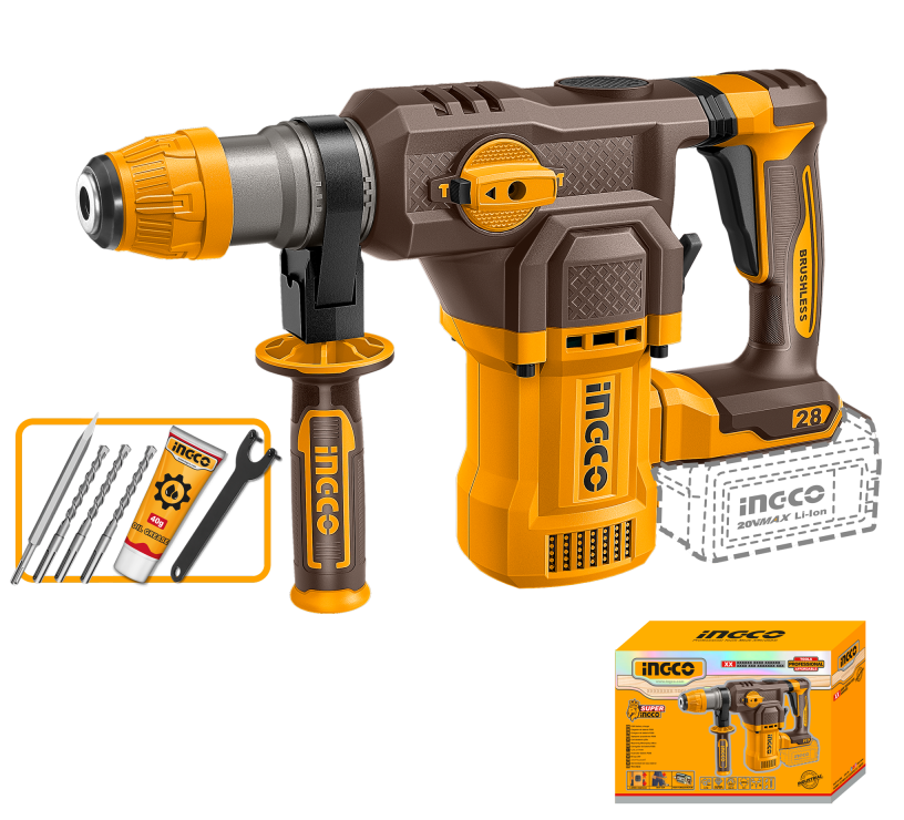 INGCO CRHLI20286 martello brushless 20V con punte, scalpello, grasso, chiave e confezione in scatola