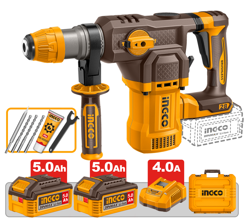 INGCO - Martello Demolitore Brushless 20V CRHLI202862E | SDS Plus | 28mm | 4,5J | 3 Funzioni | 2 Batterie 5Ah