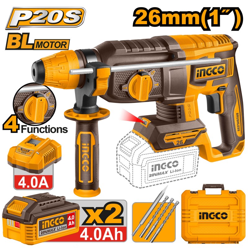 INGCO - Martello Perforatore Brushless CRHLI202682E | 20V SDS-Plus | 2,5J | 4 Funzioni | 2 Batterie 4Ah