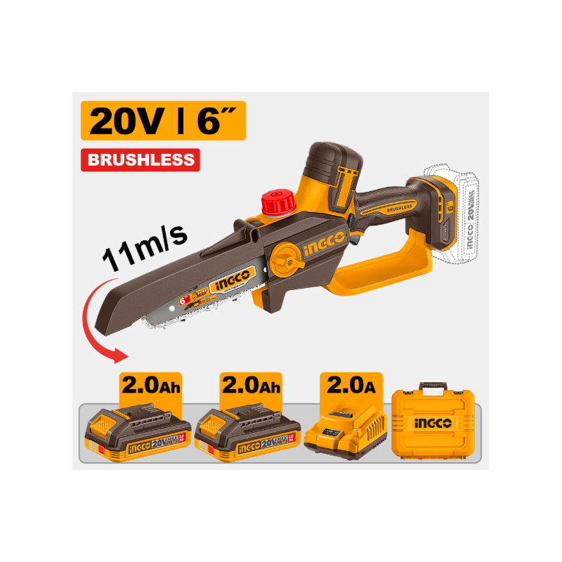 INGCO CGSLI20662E mini elettrosega brushless 20V barra 6 pollici con 2 batterie 2Ah, caricatore e valigetta
