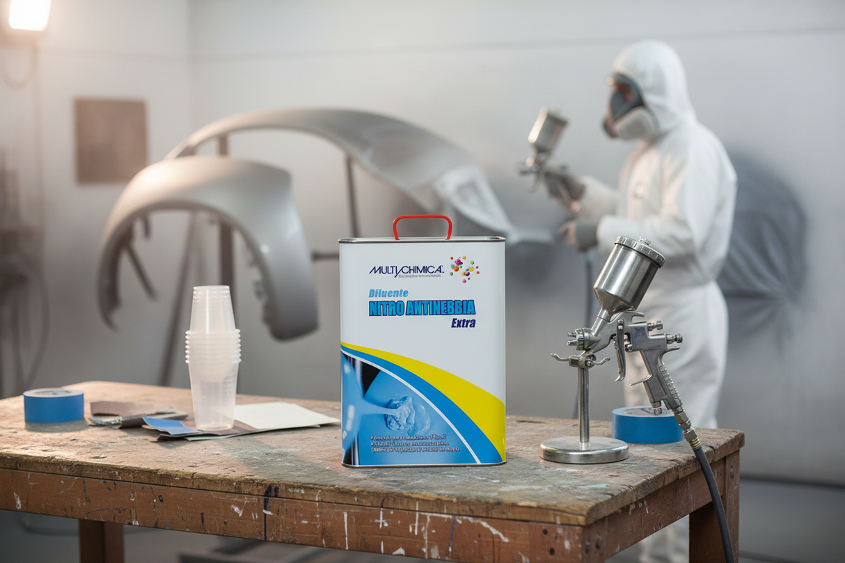 Multichimica Diluente Nitro Antinebbia Extra 5L ambientata officina carrozzeria verniciatura