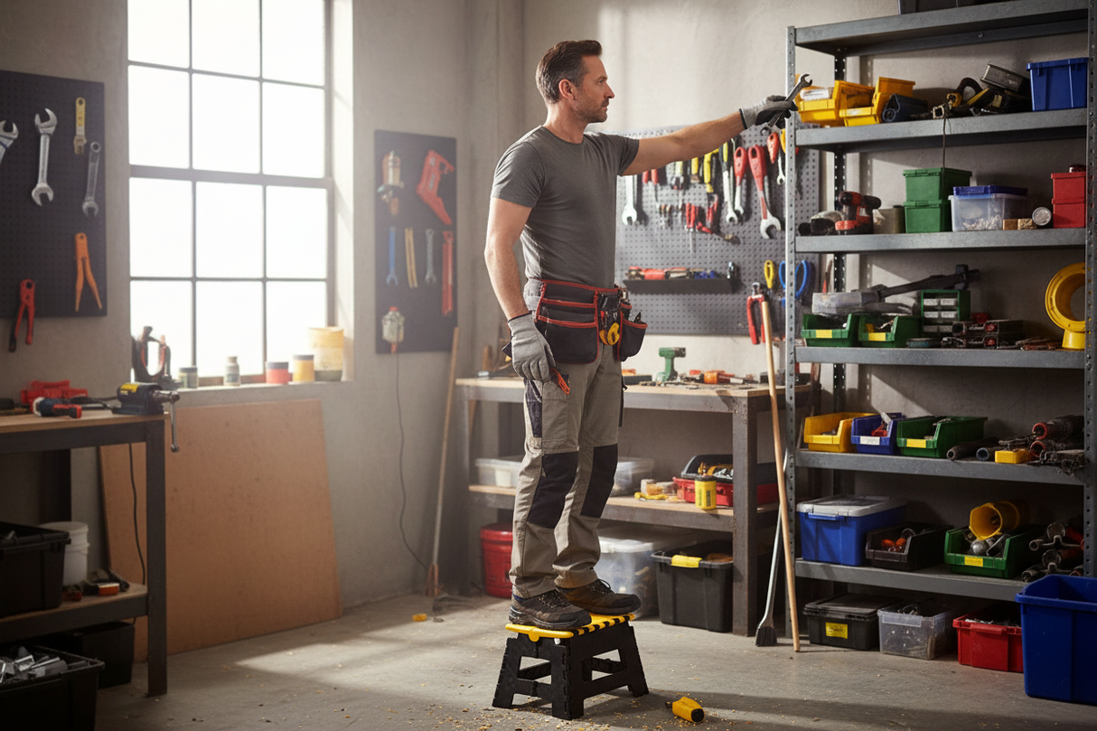 Professionista in officina usa sgabello per scaffale alto