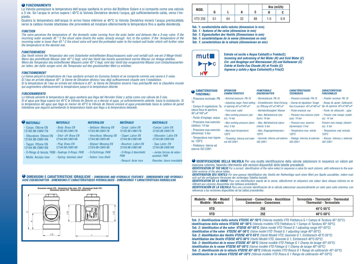 MUT - Valvola Deviatrice Termostatica VTD25E | 3 Vie | Solare Termico | 45-55°C | G1 Filettatura