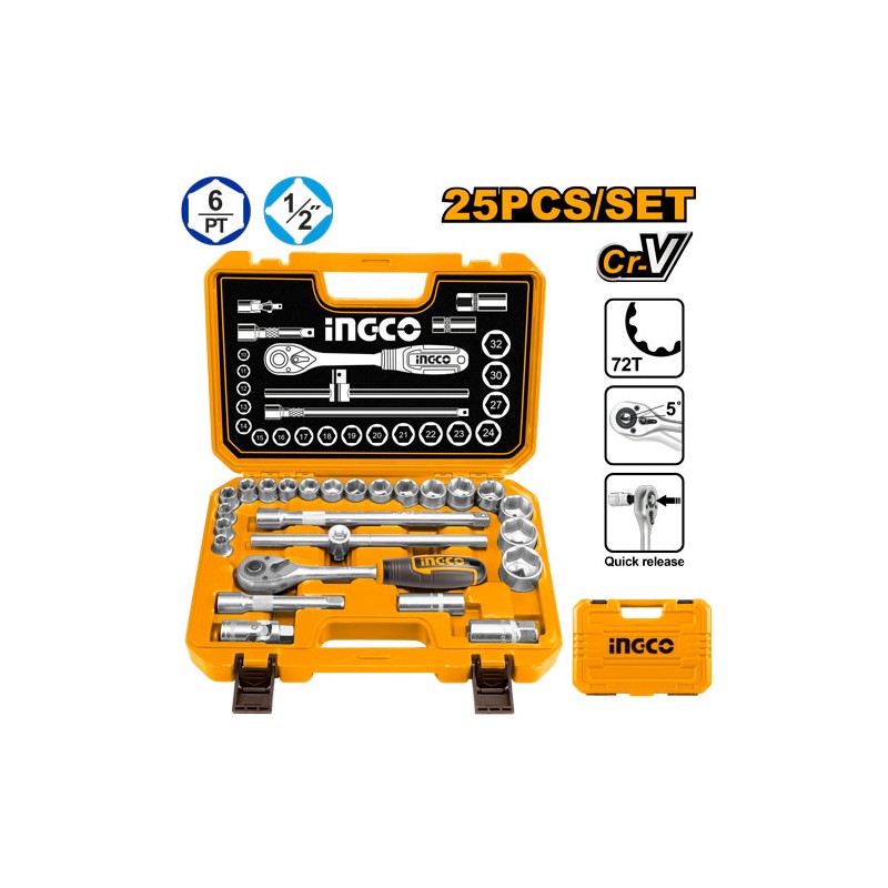 Set mit 25 1/2-Zoll-Steckschlüsselzubehör im Koffer – INGCO