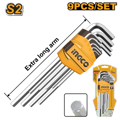 INGCO - Set 9 Chiavi Esagonali Extra Lunghe HHK11092 | Acciaio S2 | 1,5-10mm | Trattamento Termico | Blister