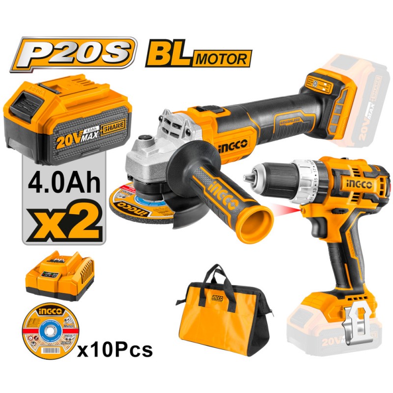 Ingco Kit – Bohrmaschine + Schleifmaschine 20 V mit 2 Batterien + Akkuladung. + Schallplatten + INGCO-Tasche