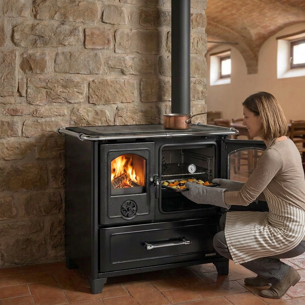Signora che inserisce una teglia nel forno della Family VST con guanti protettivi