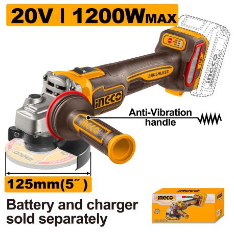 INGCO CAGLI212027E smerigliatrice 1200W 125mm, batteria e caricatore venduti separatamente, confezione in scatola