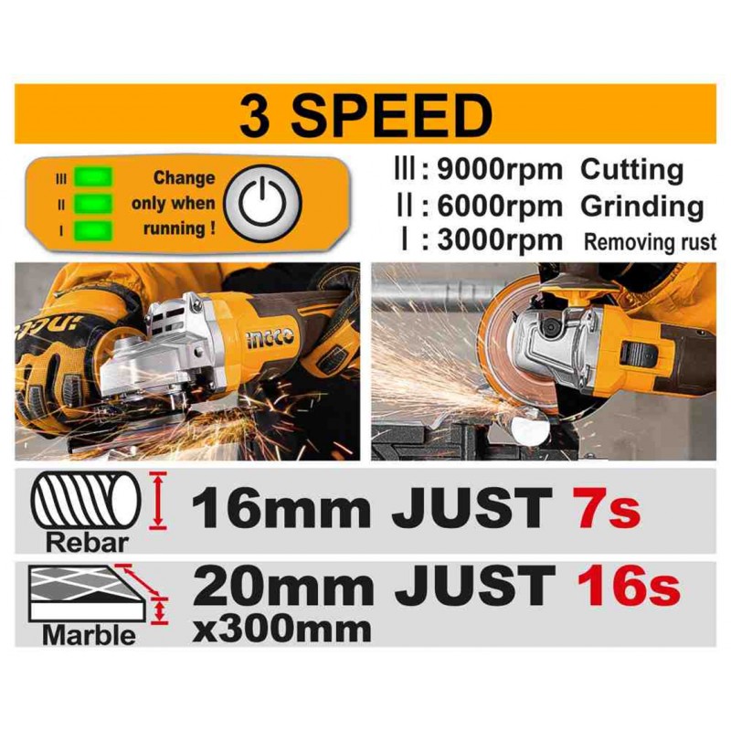 INGCO - Smerigliatrice Angolare Brushless CAGLI271532E | 20V 1000W | 115mm | 3 Velocita' | 2 Batterie 4Ah + 10 Dischi | Valigetta