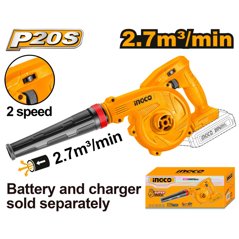 INGCO Soffiatore a Batteria 20V – 2,7 m³/min – Solo Corpo NUDO (CABLI20018E)