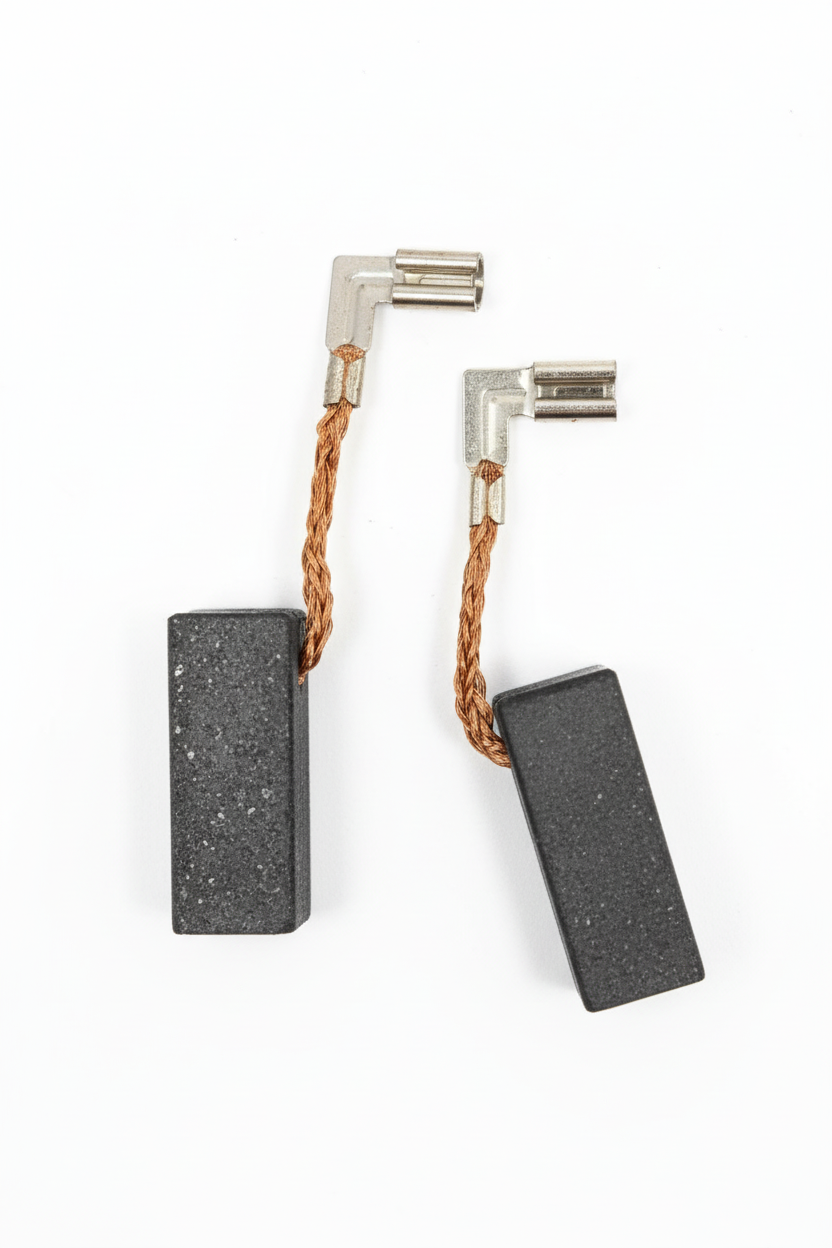 Spazzole carbone motore elettrico coppia diagonale terminali L sfondo bianco