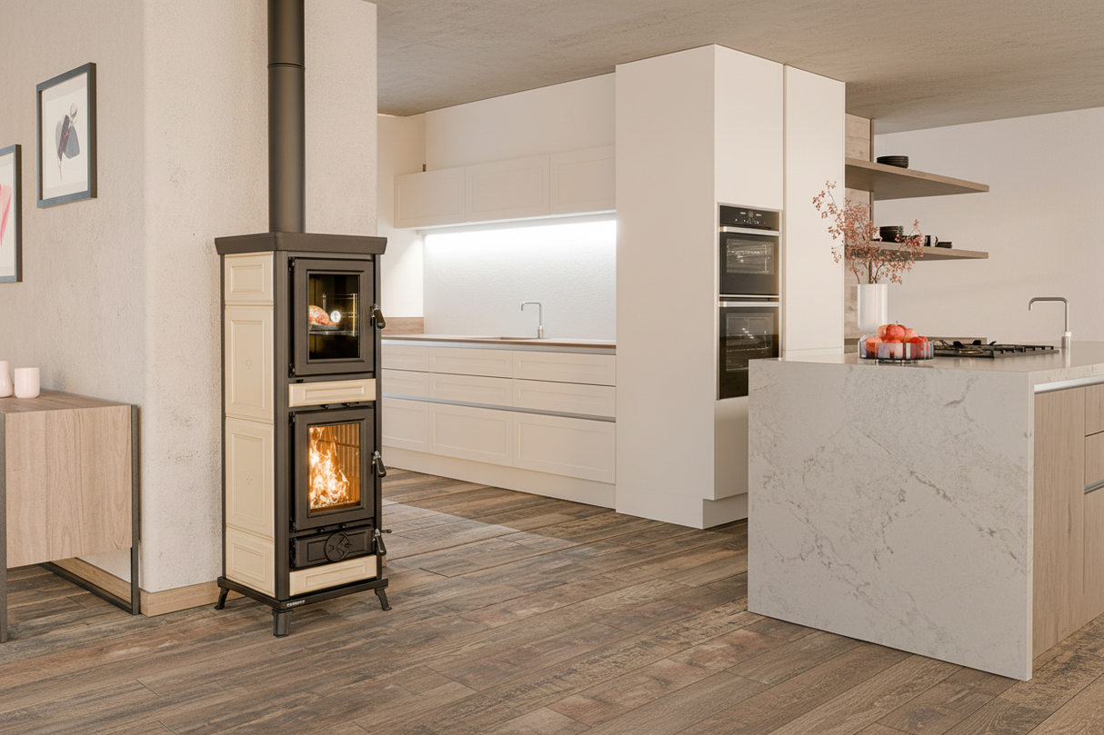 Stufa Agnese beige ceramica maiolica ambientata cucina moderna italiana HD realistica