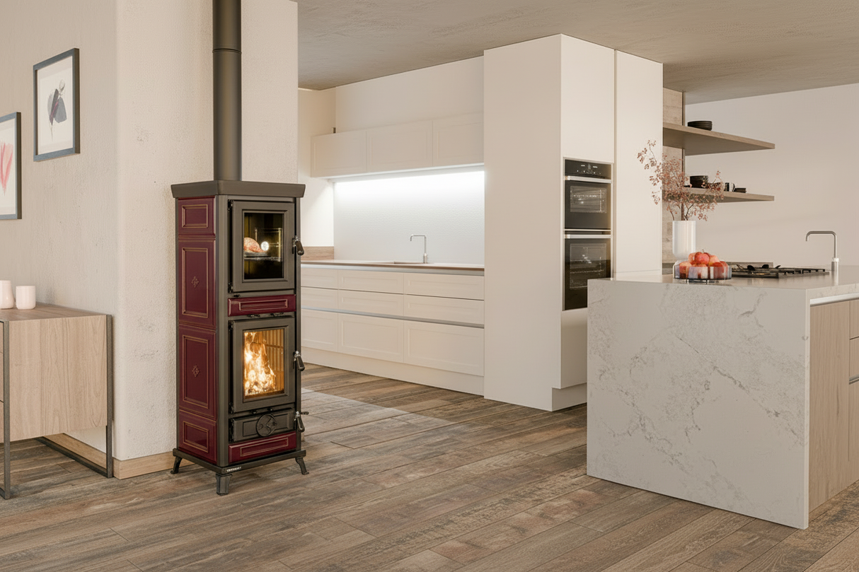 Stufa Agnese bordeaux ceramica maiolica ambientata cucina moderna italiana HD realistica