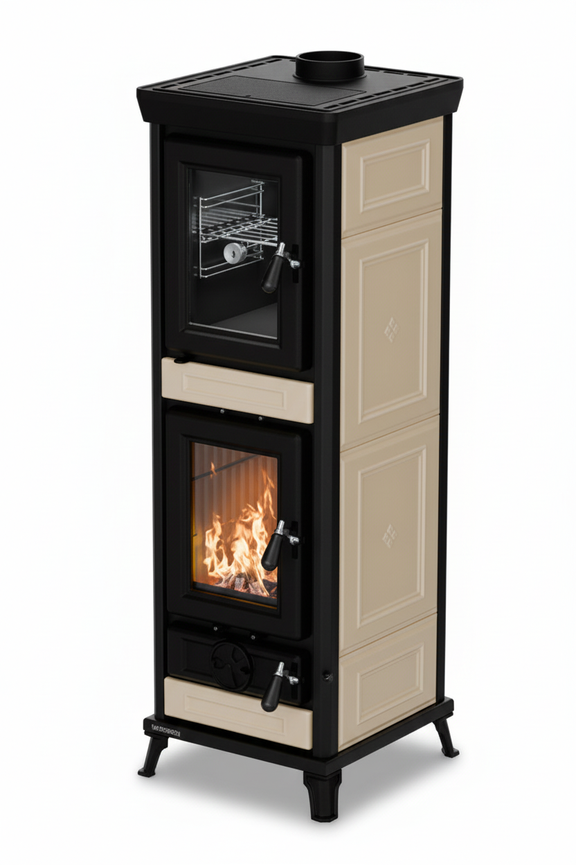 Stufa legna forno Agnese beige ceramica ghisa alta definizione sfondo bianco realistica
