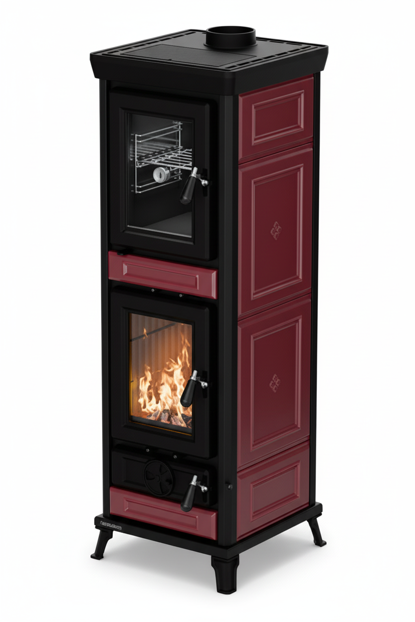 Stufa legna forno Agnese bordeaux ceramica ghisa alta definizione sfondo bianco realistica