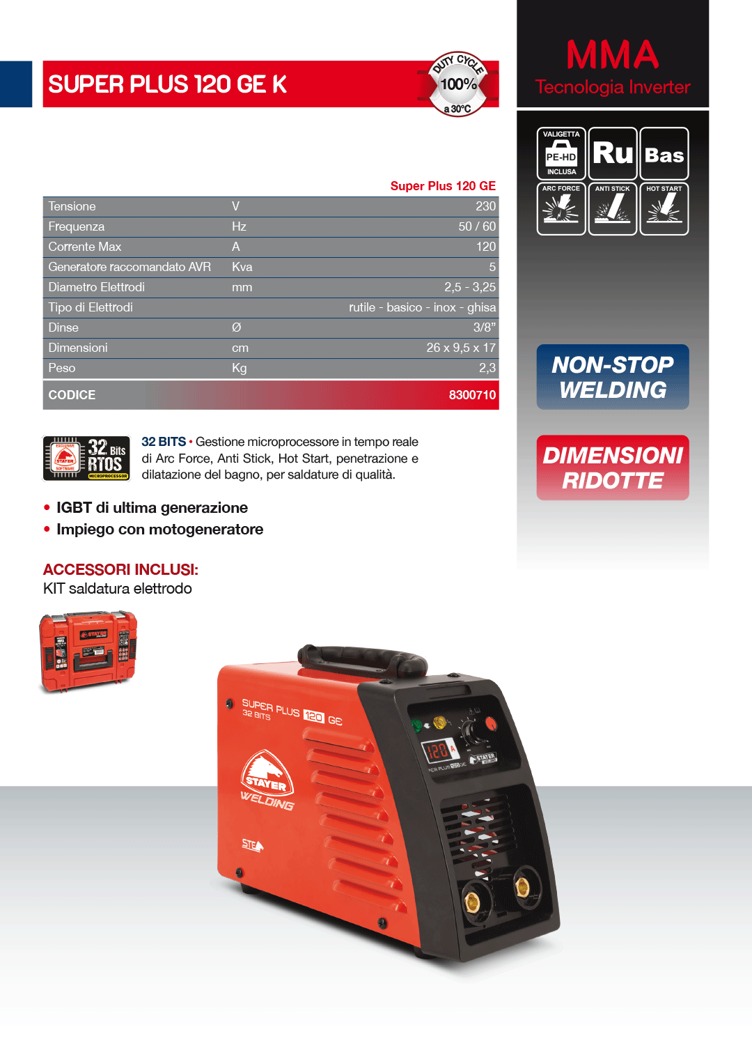 STAYER - Saldatrice Inverter 120A Super Plus 120 GE K | Elettrodi | TIG | Valigia | Kit Completo