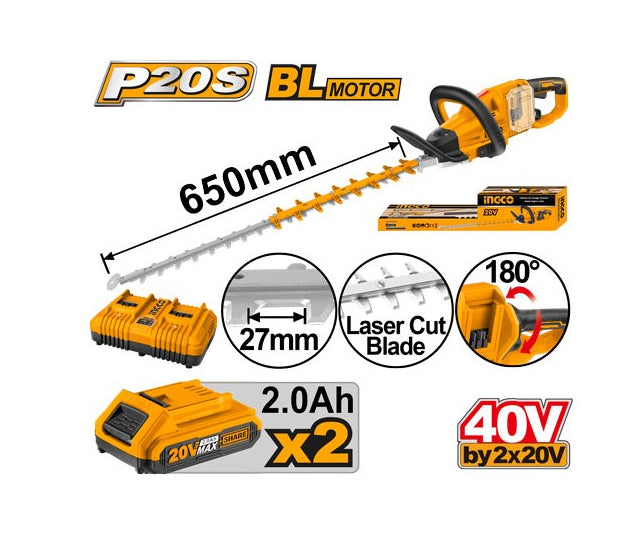 INGCO - Tagliasiepi PRO Brushless CHTLI400282 | 40V (20V+20V) | 650mm | 2 Batterie 2Ah + Caricabatteria | Lama Laser