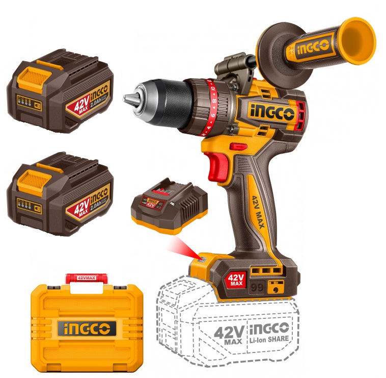 INGCO Trapano Avvitatore con percussione 42V 99Nm brushless con 2 batterie 2Ah - NEW