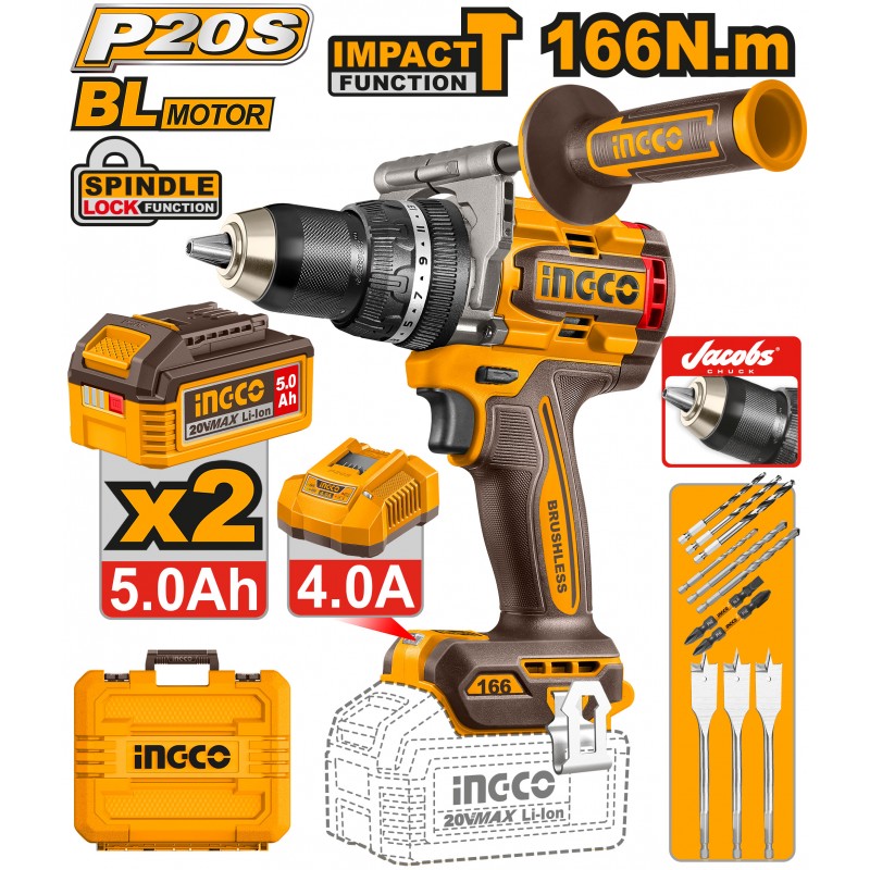 Ingco trapano a percussione 166 Nm a batteria con 2 batterie 5,0Ah e valigetta – CIDLI201668E