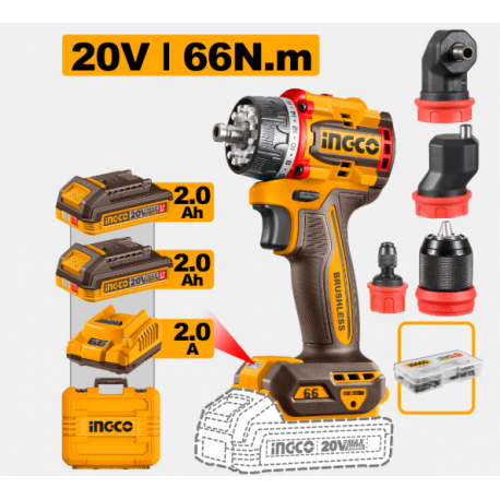INGCO CDLI206686E trapano avvitatore brushless 20V 66Nm con 4 testine intercambiabili, 2 batterie 2Ah, caricatore, accessori e valigetta