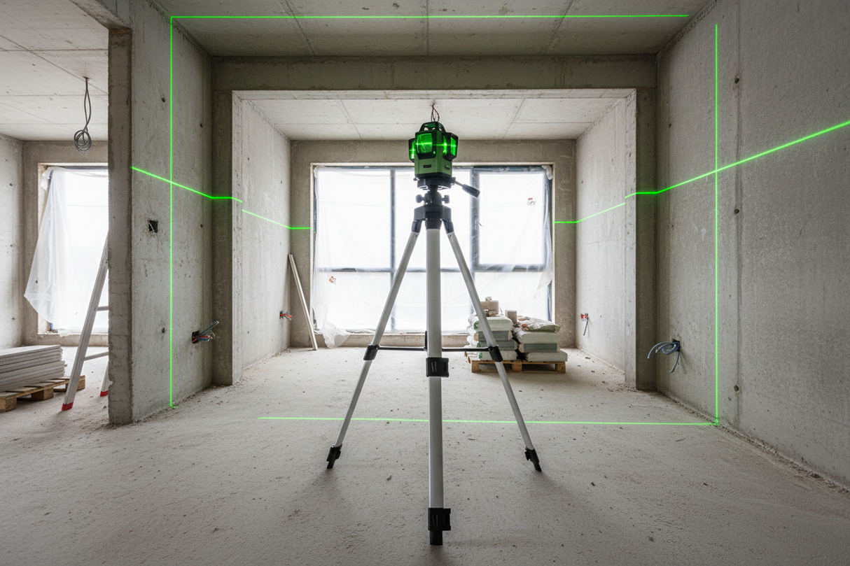 Treppiede BORMANN Pro BDM1600 con livella laser BDM6900 su cantiere