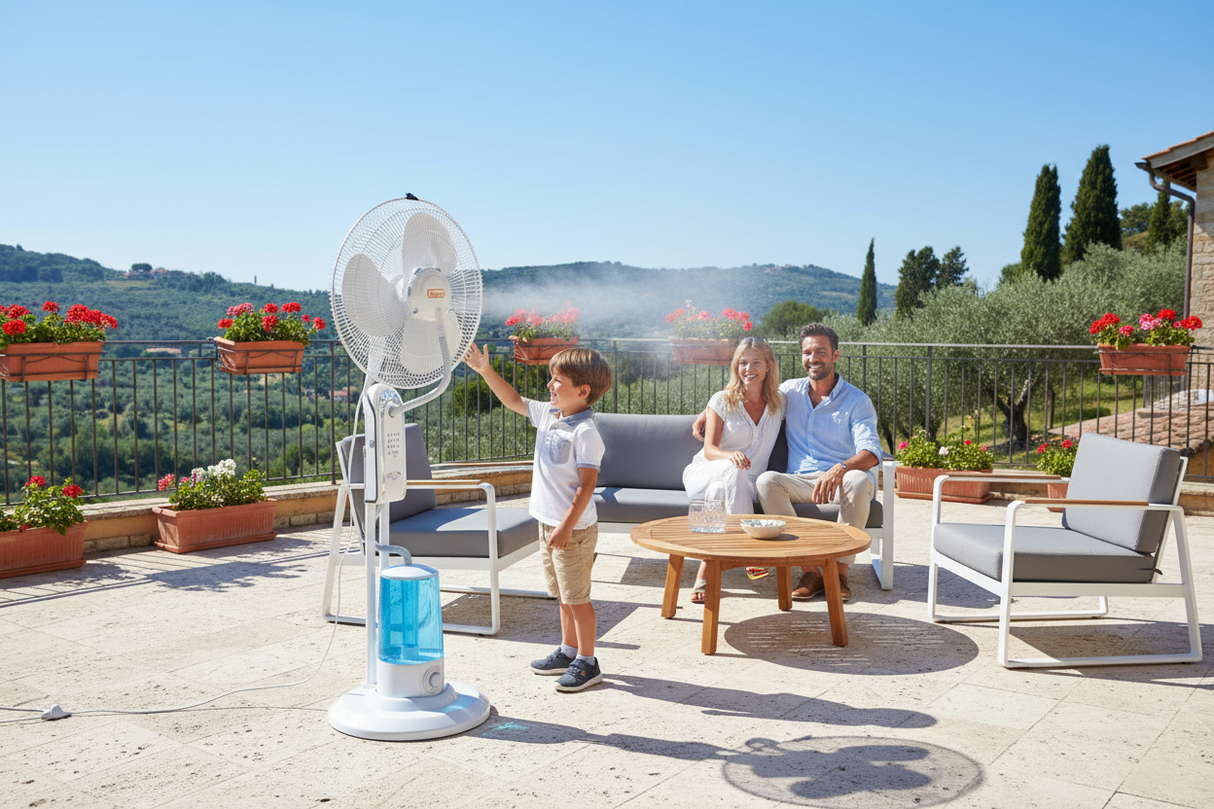Ventilatore nebulizzatore Vinco terrazzo famiglia estate