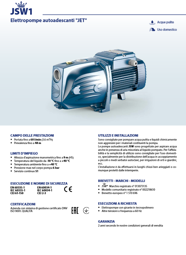 Elettropompa autoadescante PEDROLLO JSWm 1AX  - 0.75HP - per autoclave