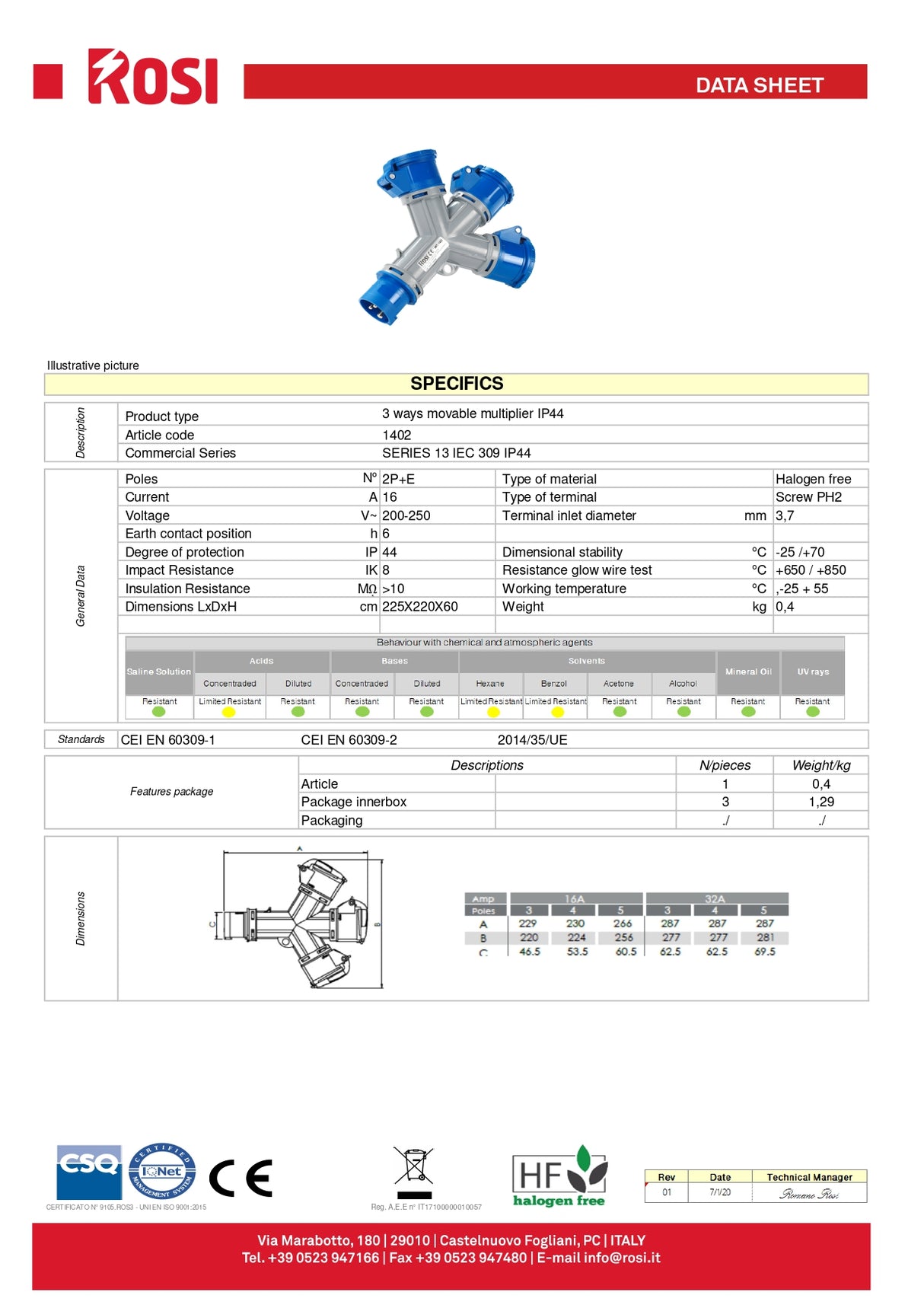 Adattatore moltiplicatore industriale a 3 uscite IP44 16A 2P+T 220V