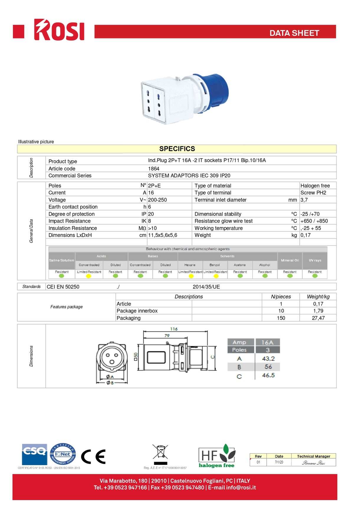 Adattatore industriale spina CEE 2P+T 16A - 2 prese 16A 220V ROSI
